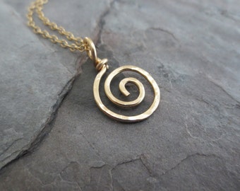 Gold spiral necklace pendant. 14k Solid Gold or Gold Filled Round Swirl Hammered Pendant. Sun swirl pendant by Aziza Jewelry