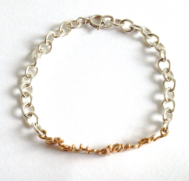 Abundance Bracelet. Sterling Silver and Gold Abundance Wire Word Bracelet. Script Abundance Wealth Bracelet. Inspiration Jewelry image 3