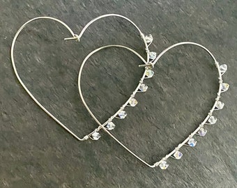 Heart Hoop Earrings. Sterling Silver Heart Hoop Earrings. 2.5 inch Large 925 Silver Earrings with Swarovski Crystals. Heart Hoops