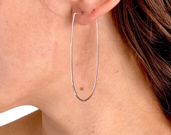 Large Horseshoe Hoops. Hammered 2.5 inch Oval Rectangle Hoop Earrings.  Sterling Silver Hoops. Aziza Jewelry