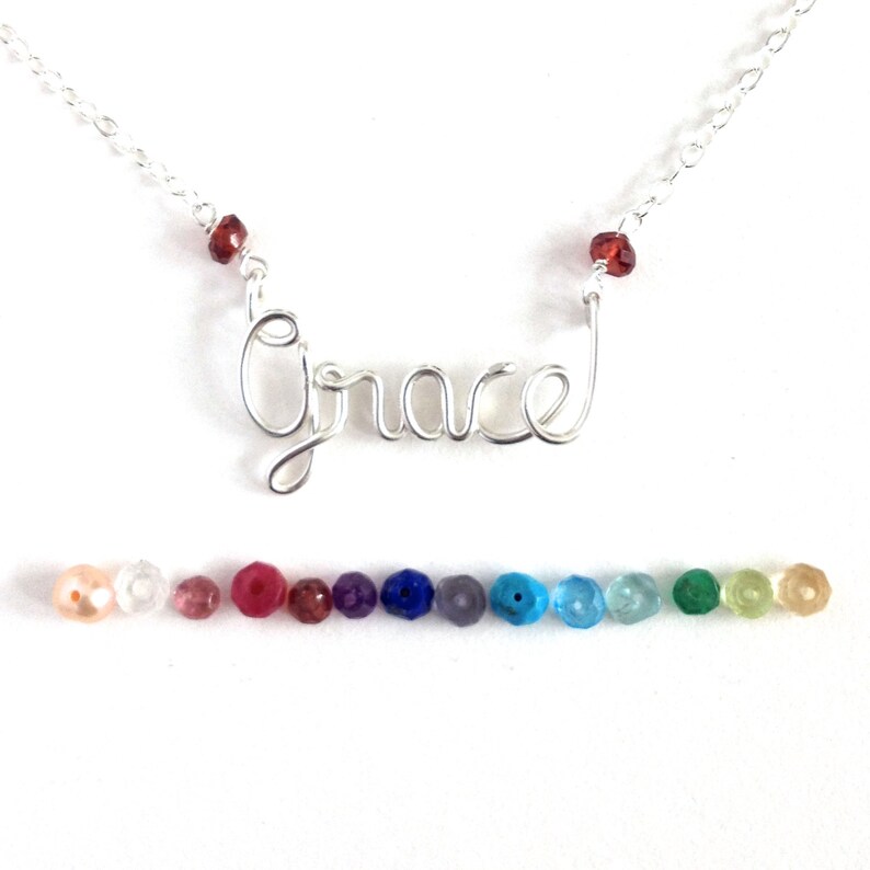 Child Name Necklace. Sterling Silver Birthstone Gemstone Custom Personalized Wire Name Necklace. Girls Silver Name Necklace. image 5