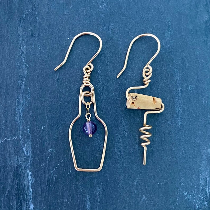 14k Gold Grape and Cork Screw Earrings Wine Earrings Wine Lovers Earrings with Real Amethyst Gemstone and Real Cork.
