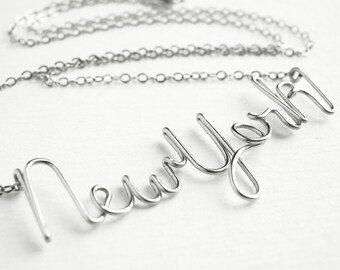 New York Necklace Sterling Silver. NY Script Wire Name Chain. NYC State Name Plate by Aziza Jewelry