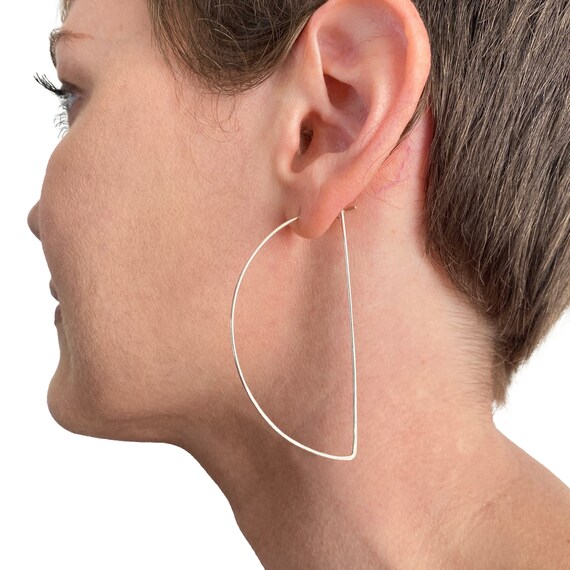 Half Moon Hoop Earrings. Large 3 inch Sterling Silver Hoops. Hammered Shiny Moon Cycle Half Circle Earrings. Aziza Jewelry