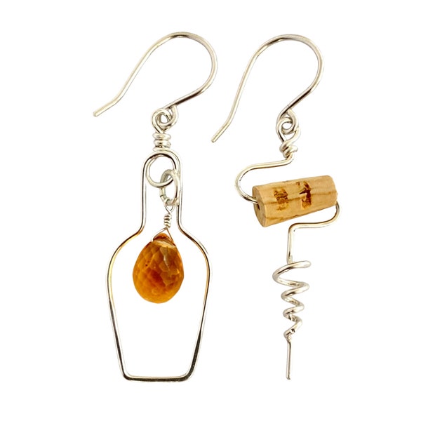 Champagne Bottle and Cork Screw Earrings with Genuine Citrine. Wine Lover Gift. Aziza Jewelry