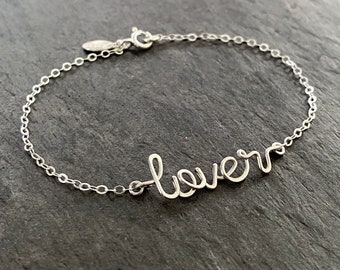 Lover Bracelet. Sterling Silver Valentine Word Script Bracelet. Lowercase Calligraphy Bracelet. Inspiration Jewelry. Wire word love jewelry