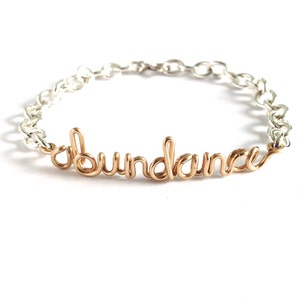 Abundance Bracelet. Sterling Silver and Gold Abundance Wire Word Bracelet. Script Abundance Wealth Bracelet. Inspiration Jewelry image 2