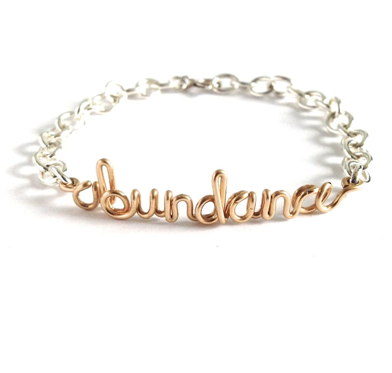 Abundance Bracelet. Sterling Silver and Gold Abundance Wire Word Bracelet. Script Abundance Wealth Bracelet. Inspiration Jewelry image 2