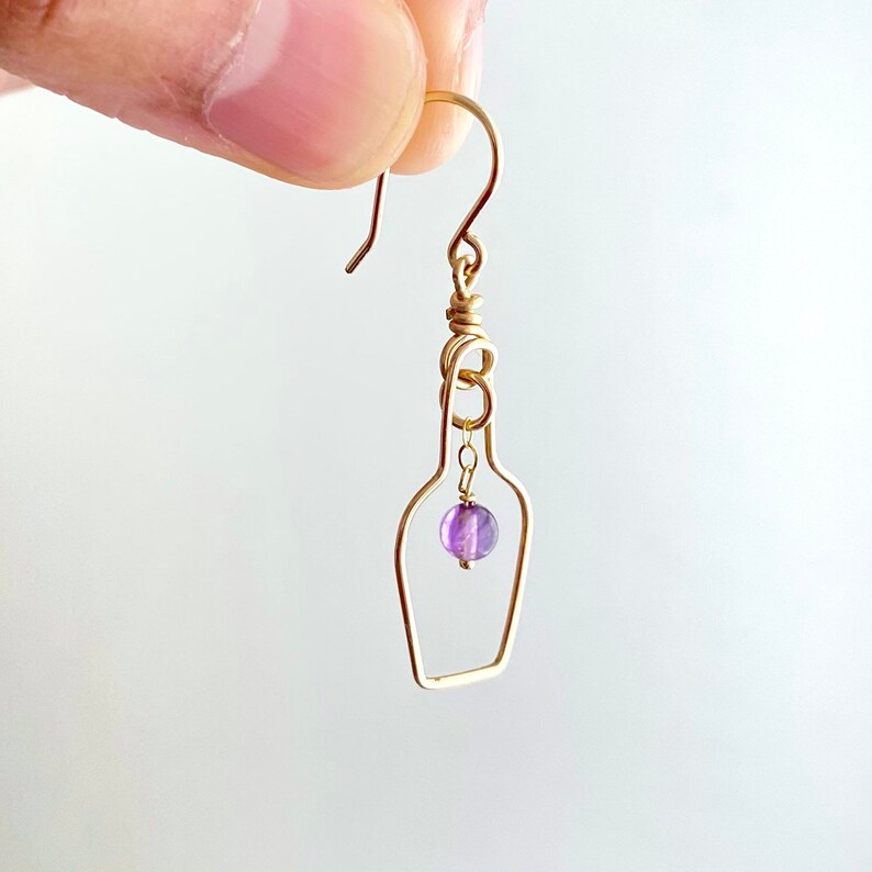 14k Gold Grape and Cork Screw Earrings Wine Earrings Wine Lovers Earrings with Real Amethyst Gemstone and Real Cork.