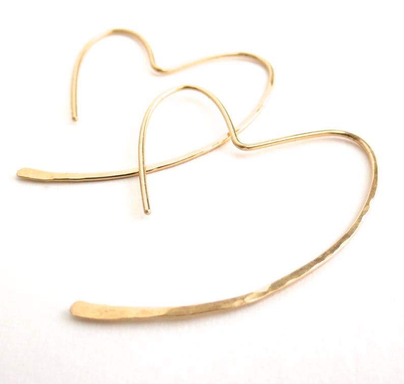 Gold Heart Earrings. 14k gold heart hoop earrings. 14k Solid Gold Hammered Heart Earrings. Yellow Gold Hoop Earrings. 1.75 inches long image 1