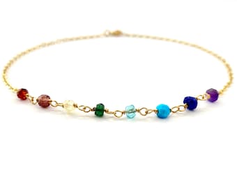 Ankle Bracelet. Rainbow Anklet. Genuine Gemstone 14k Gold Anklet.