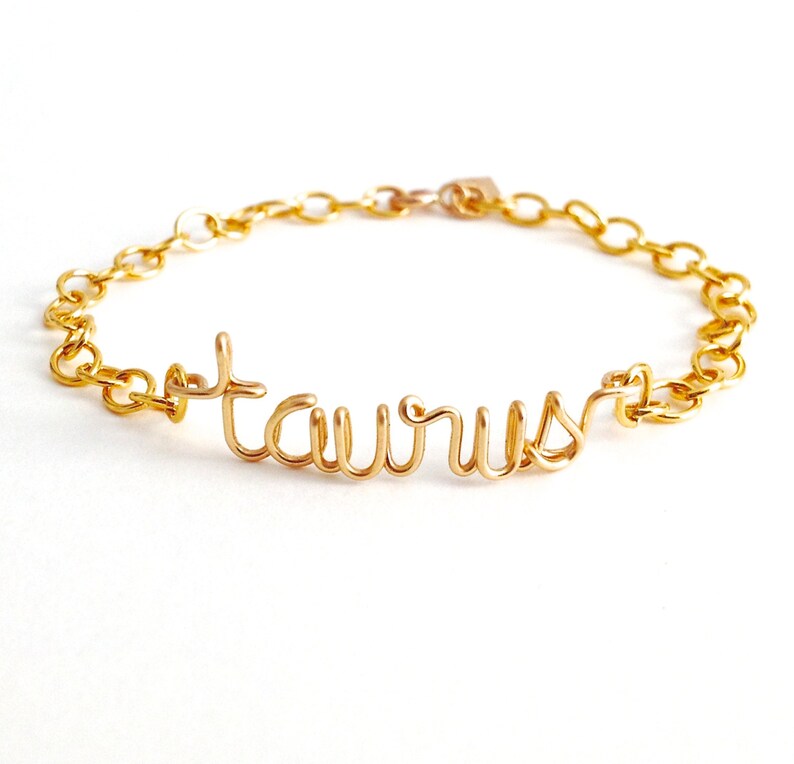 Zodiac Bracelet Astrology gold bracelet Aziza Jewelry. Virgo Gold Bracelet 14k Gold filled Word Bracelet