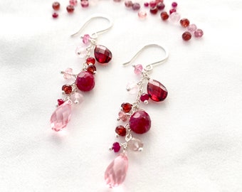 Ruby, Garnet, Rose Quartz Cluster Earrings in Sterling Silver. Long Dangle Drop Gemstone Red Earrings