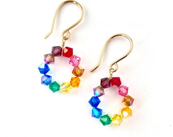 Rainbow Earrings Small. Swarovski Crystal Rainbow Hoop Earrings. Colorful Bright Hoops. Diamond Shaped Crystal Earrings.