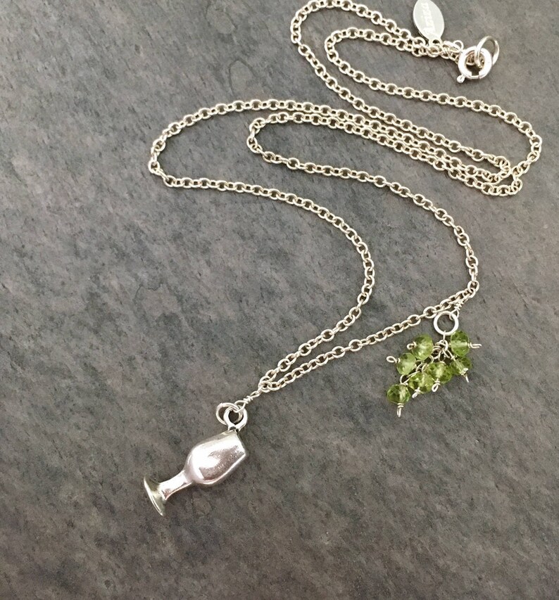 Wine Lovers Jewelry Wine Jewelry Wine Glass Necklace Sterling Silver Wine Goblet with Peridot Grape Cluster Wine Necklace Wine Gift