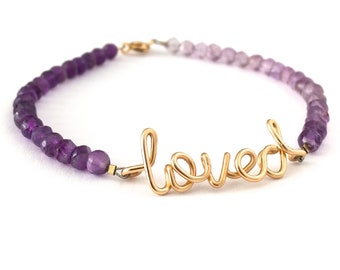 Loved Beacelet. Purple Amethyst Gemstone 14k Gold Filled Loved Wire Script Bracelet. Genuine Amethyst ombré Birthstone.