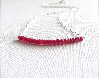 Red Ruby Necklace. Sterling Silver Genuine Rubies Bar Necklace. AzizaJewelry.