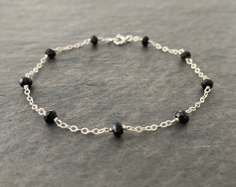 Black Tourmaline Bracelet. Delicate faceted genuine gemstone sterling silver chain bracelet