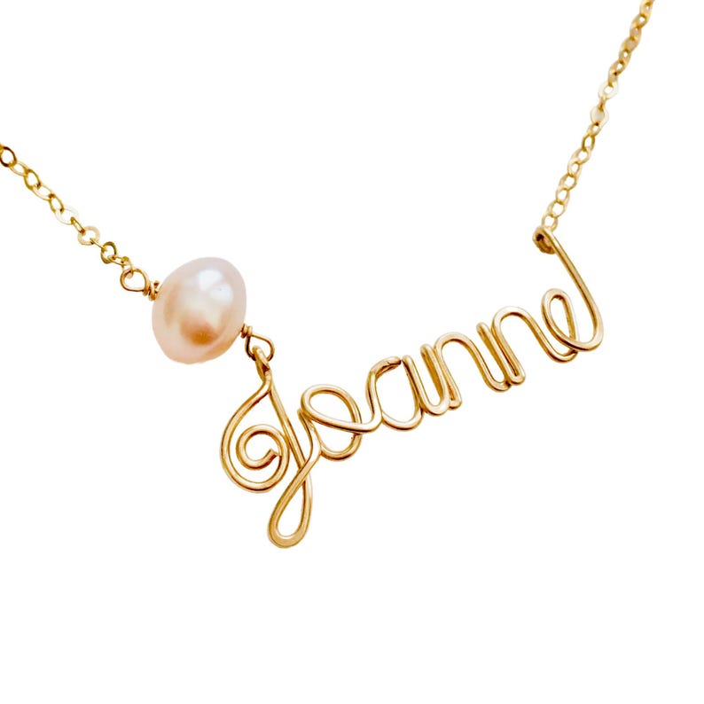 Gold Name Necklace: Custom 14k Gold Filled Wire with Freshwater Pearl image 6