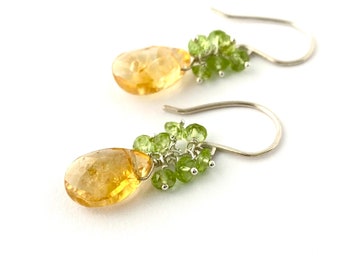 Citrine and Peridot Earrings. Genuine Citrine Gemstone Earrings. Yellow and green sterling silver or 14k gold filled.