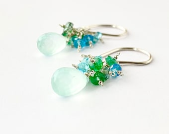 Green Chalcedony Gemstone Earrings. Tourmaline Aquamarine Earrings. Teardrop Blue Green Gemstone Dangle Earrings. Sea Green Silver Earrings