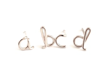 Initial Earrings. Small Sterling Silver Lowercase letter stud alphabet post earrings. Dainty Script Initial Stud Earrings. Girl Gift