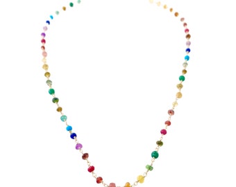 Rainbow Gemstone Necklace. Faceted Rainbow Gemstone Crystals Necklace. Colorful Emerald, Ruby, Turquoise Gemstones Necklace.