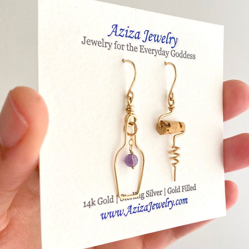 14k Gold Grape and Cork Screw Earrings Wine Earrings Wine Lovers Earrings with Real Amethyst Gemstone and Real Cork.