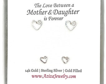 Mother Daughter Heart Earrings. 2 Pairs Sterling Silver Heart Studs Set. Mommy and Me. Push Present. Mom to Be Gift