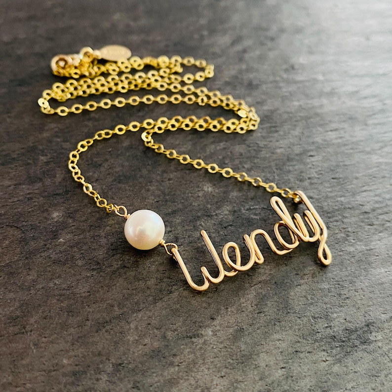 Gold Name Necklace: Custom 14k Gold Filled Wire with Freshwater Pearl image 8