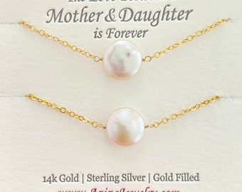 Mother Daughter Pearl Necklaces. Gold Mommy Necklace and Heart Necklace Set.