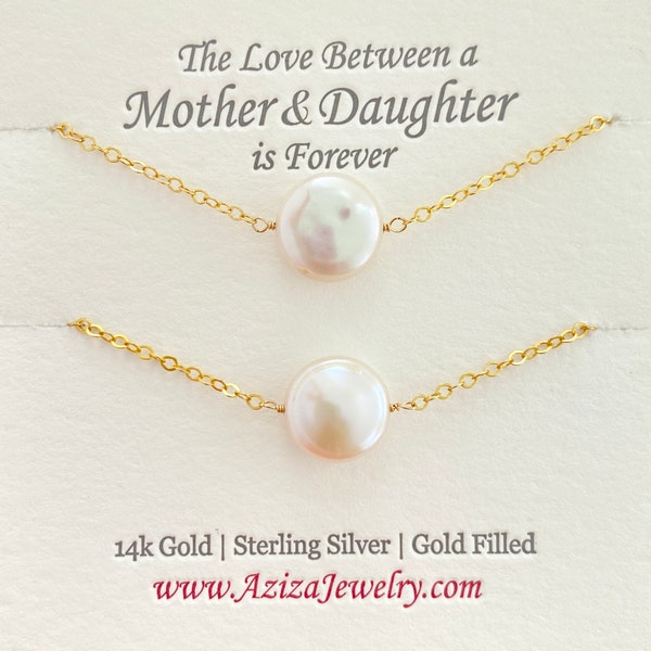 Mother Daughter Pearl Necklaces. Gold Mommy Necklace and Heart Necklace Set.