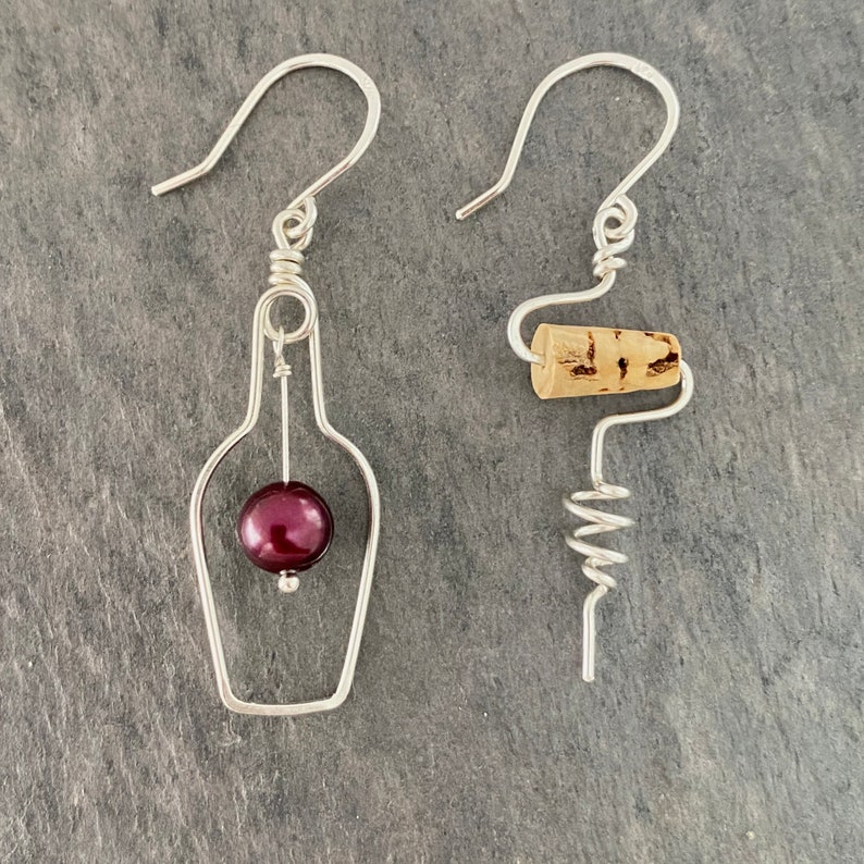 Wine Earrings. Sterling Silver Red Wine Lovers Earrings with Grape Real Cork. Wine Bottle. Wine Themed Jewelry image 3