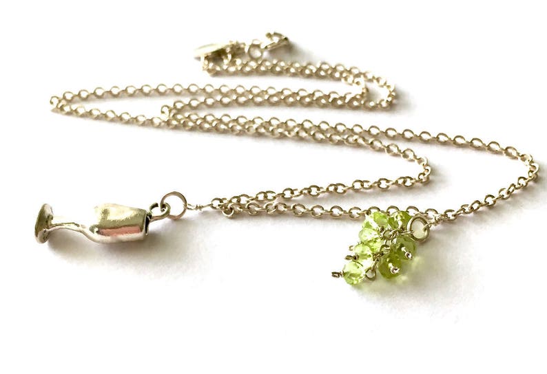Wine Lovers Jewelry Wine Jewelry Wine Glass Necklace Sterling Silver Wine Goblet with Peridot Grape Cluster Wine Necklace Wine Gift