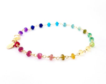 Rainbow Gemstone Bracelet. Delicate faceted genuine gemstone 14k gold filled bracelet