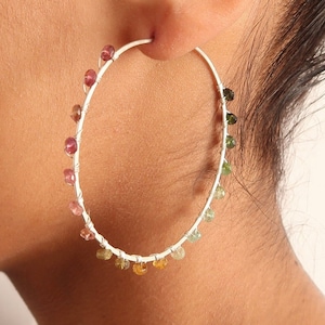Watermelon Tourmaline Hoop Earrings - Large Sterling Silver Multi Color Gemstone Hoops. 2.5 inch diameter