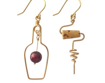 Wine Earrings. Gold Red Wine Jewelry. Wine Gift. Cork Earrings. Wine Lovers Earrings. Red Grape Wine Bottle. Cocktail Earrings