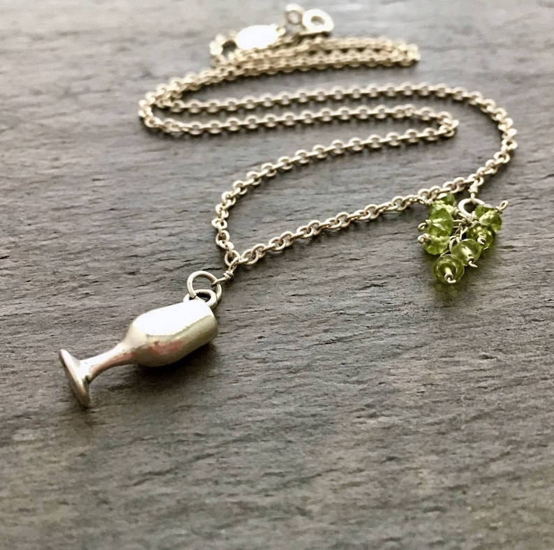Wine Lovers Jewelry Wine Jewelry Wine Glass Necklace Sterling Silver Wine Goblet with Peridot Grape Cluster Wine Necklace Wine Gift