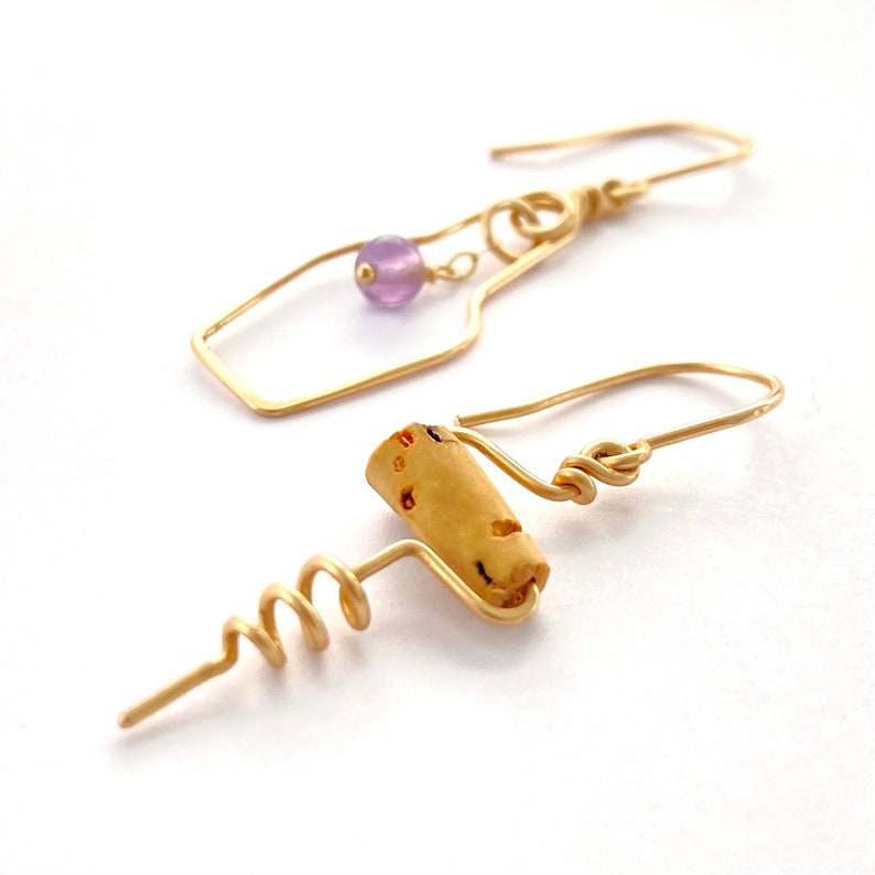 14k Gold Grape and Cork Screw Earrings Wine Earrings Wine Lovers Earrings with Real Amethyst Gemstone and Real Cork.