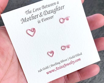 Mother Daughter Pink Heart Key Earrings. 2 Pairs of Pink Rose Silver Plated Studs Set in Medium, Small. Push Present. Mother's Day