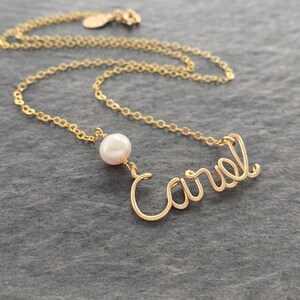 Gold Name Necklace: Custom 14k Gold Filled Wire with Freshwater Pearl image 7