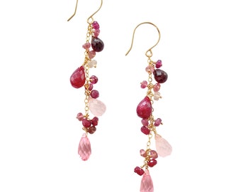 Ruby, Garnet, Rose Quartz, Pink Swarovski Crystal Cluster Earrings. Long Dangle Drop Gemstone Red Earrings