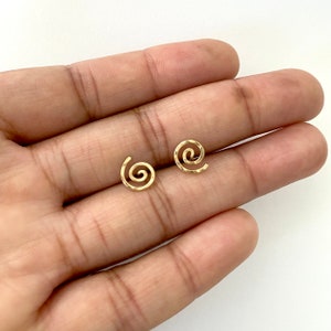 Gold Spiral Stud Earrings. Swirl Stud Post Earrings. 14k Gold Round Flat Hammered Stud Earrings. Yellow Gold Studs. Aziza Jewelry image 3