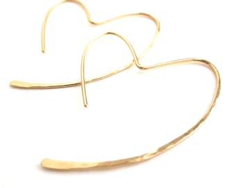 14k Gold Heart Hoop Earrings: Hammered Yellow Gold