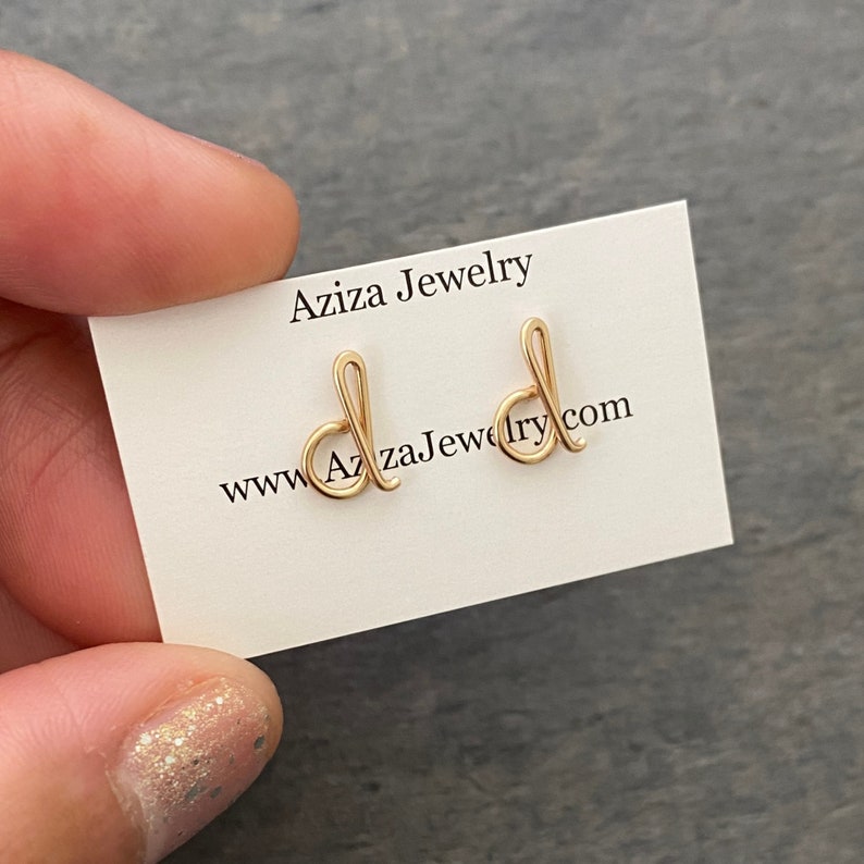 Gold Initial Earrings. 14k gold filled Small Dainty lowercase script earrings. Gold Letter Wire Studs. Aziza Jewelry image 10