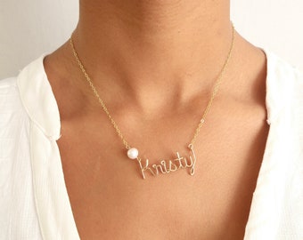 Gold Name Necklace with Off White Freshwater Pearl. Personalized Custom Off Round Pearl Name Necklace