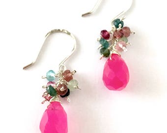 Pink Jade Earrings with Faceted Watermelon Tourmaline. Sterling Silver Fuchsia Earrings. Valentines Day Earrings