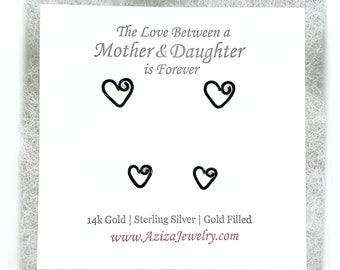 Mother Daughter Heart Earrings. 2 Pairs Black Enamel Heart Studs Set. Mommy and Me. Push Present. Mom to Be Gift