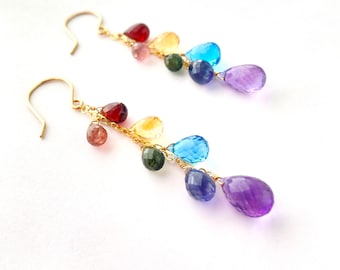 Rainbow Gemstone Cluster Earrings. Luxe Garnet, Iolite, Topaz, Citrine, Chalcedony, Amethyst Gemstone 14k Gold Earrings