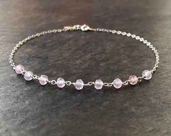 Rose Quartz Anklet. Silver and Genuine Rose Quartz Ankle Bracelet. Pink Gemstones Anklet. Sterling Silver Chain Ankle Bracelet